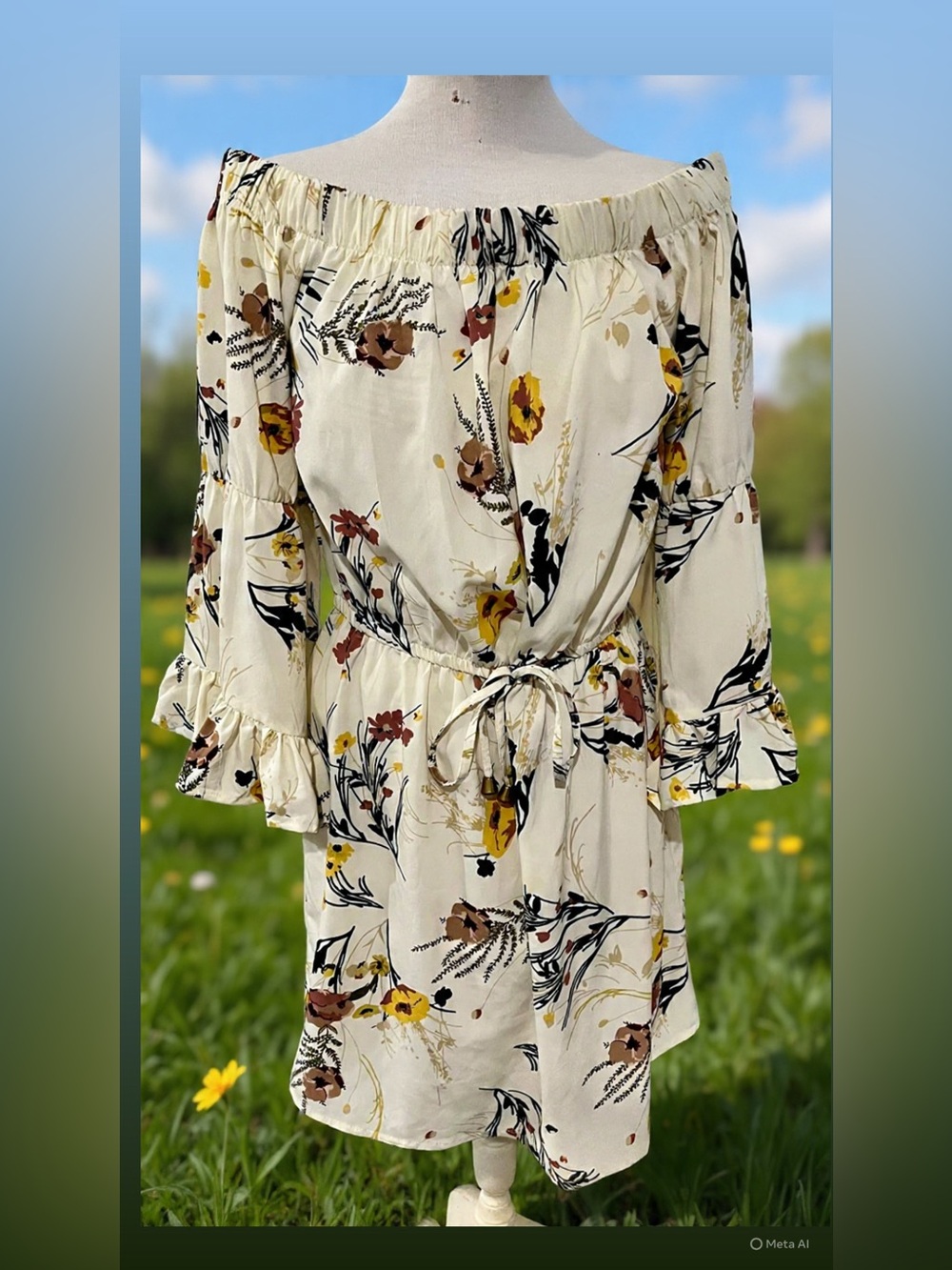 Blush Off-Shoulder Cream Floral Tie-Front Dress